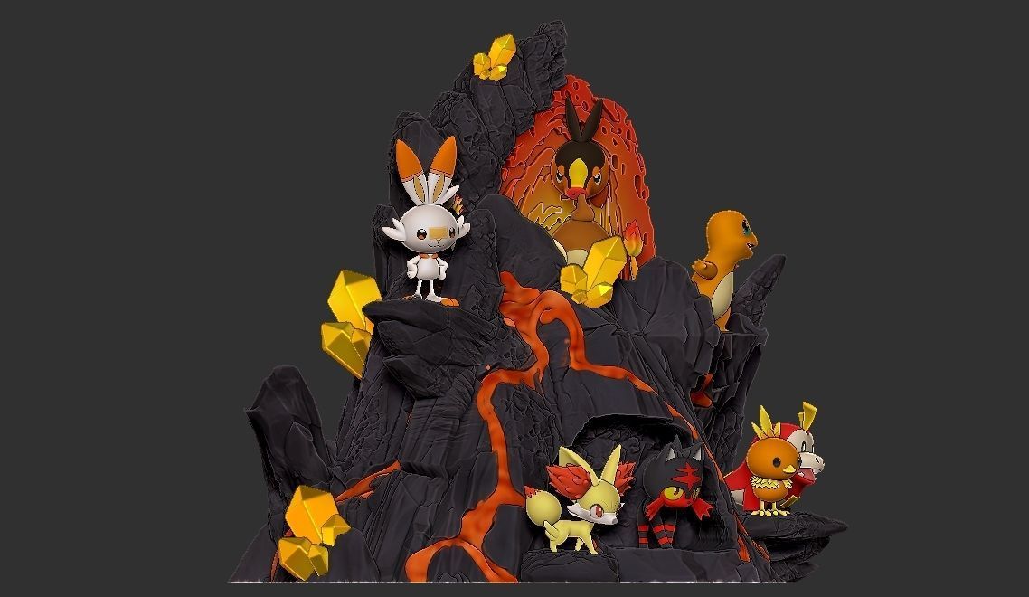 POKEMON ALL FIRE STARTERS DIORAMA 3D print model_9