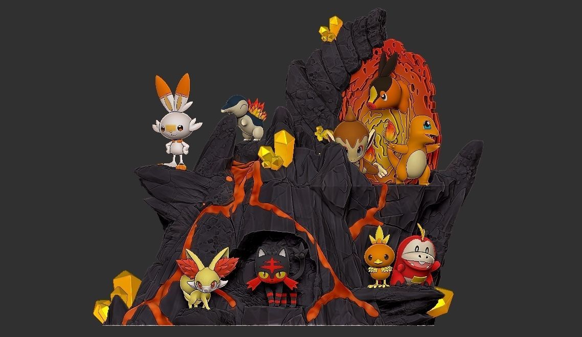 POKEMON ALL FIRE STARTERS DIORAMA 3D print model_1