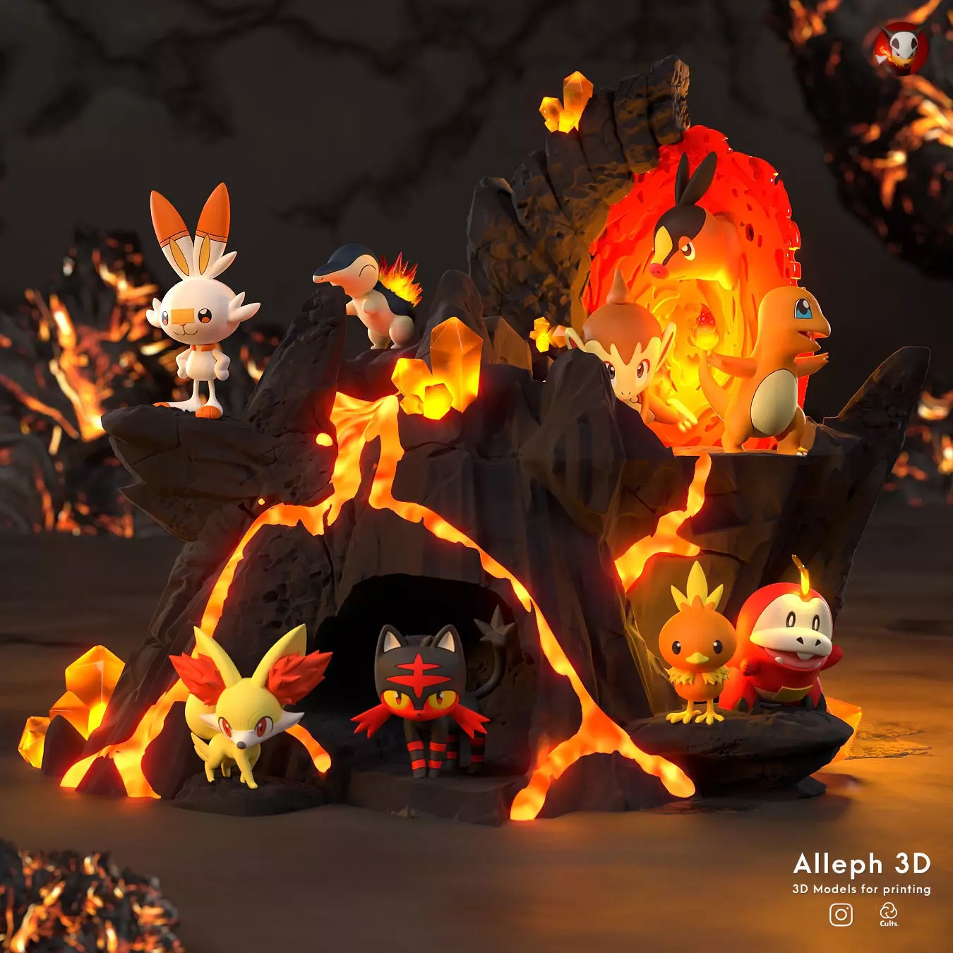 POKEMON ALL FIRE STARTERS DIORAMA 3D print model_0