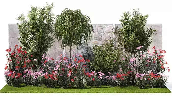 Beautiful garden with Olive Elaeagnus Oleander flowers 1371 3D model