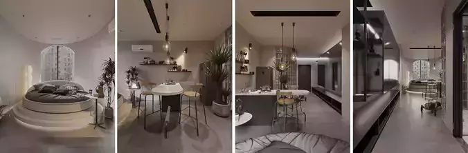 1 bed Hotel Cement Glass Wall 3D model