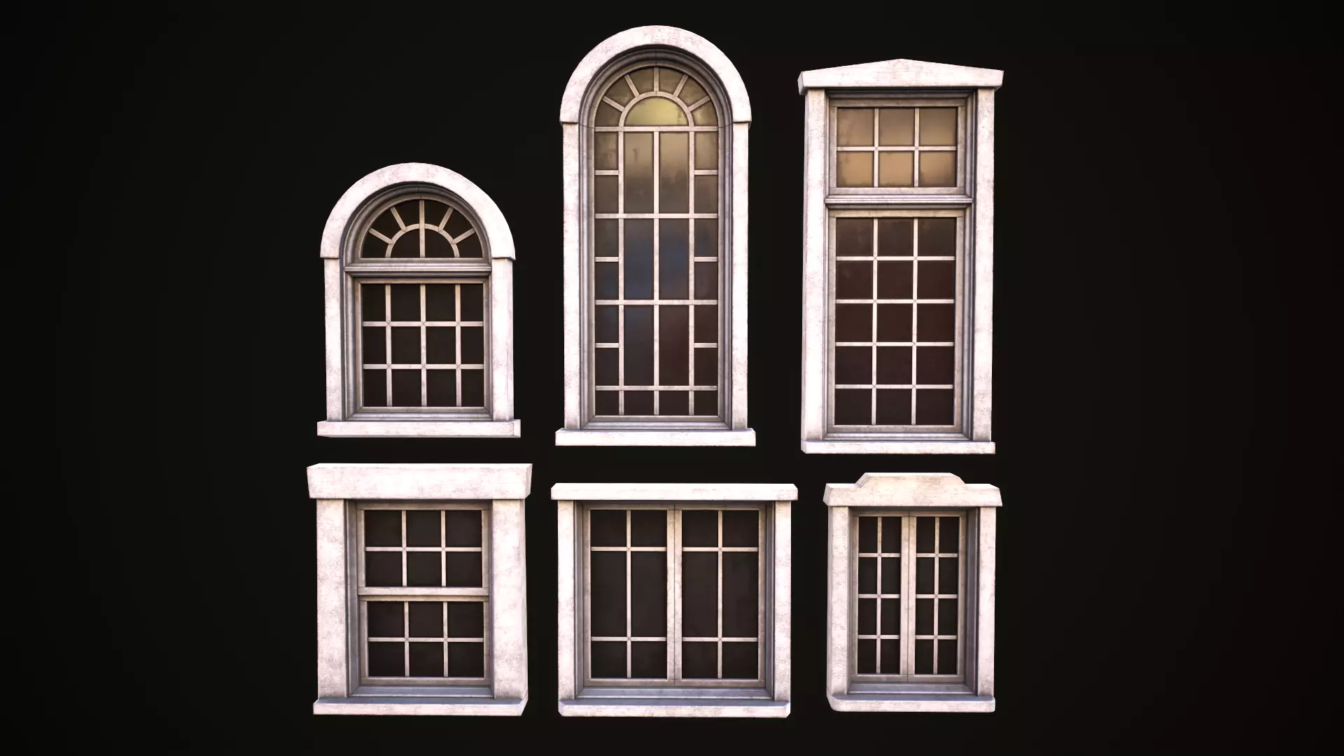 Six wooden windows set Low-poly 3D model_0