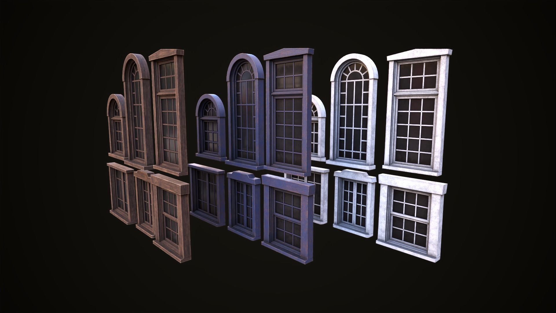 Six wooden windows set Low-poly 3D model_1