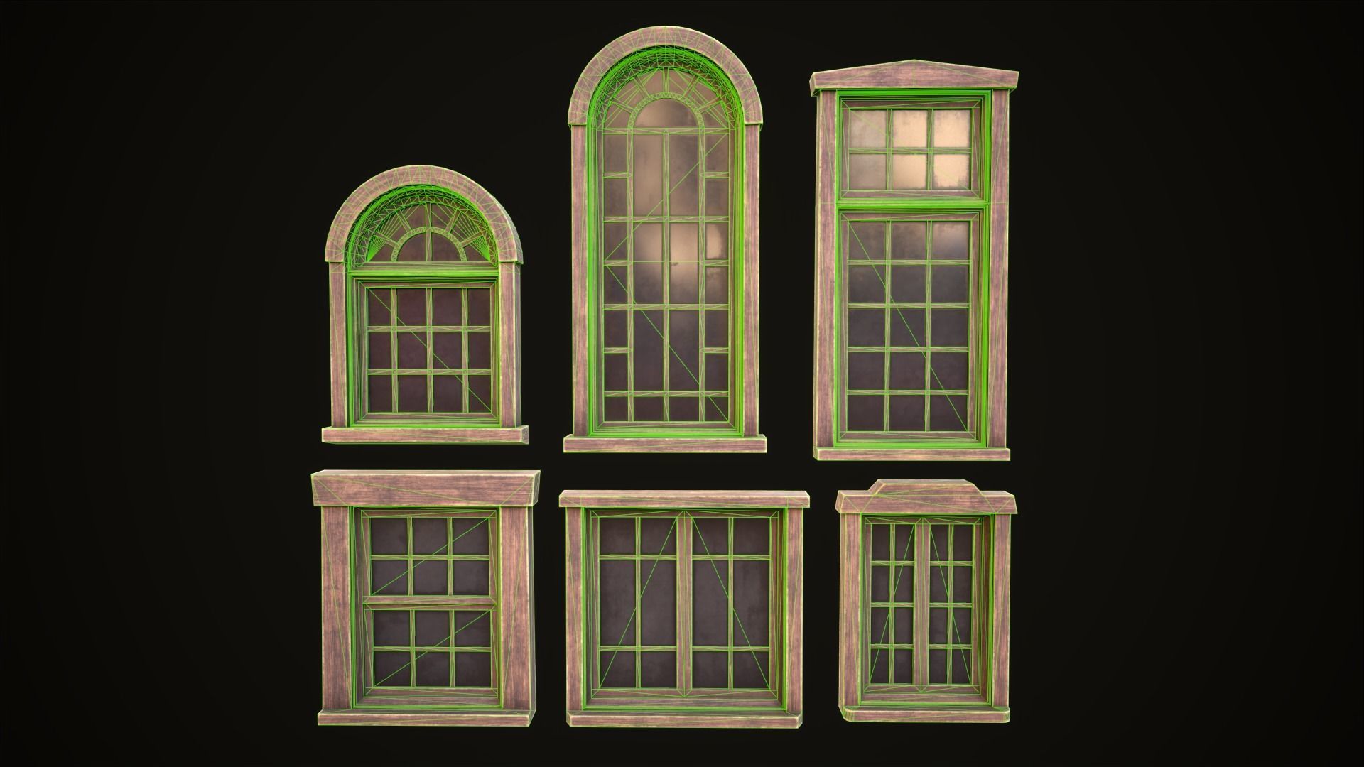 Six wooden windows set Low-poly 3D model_9
