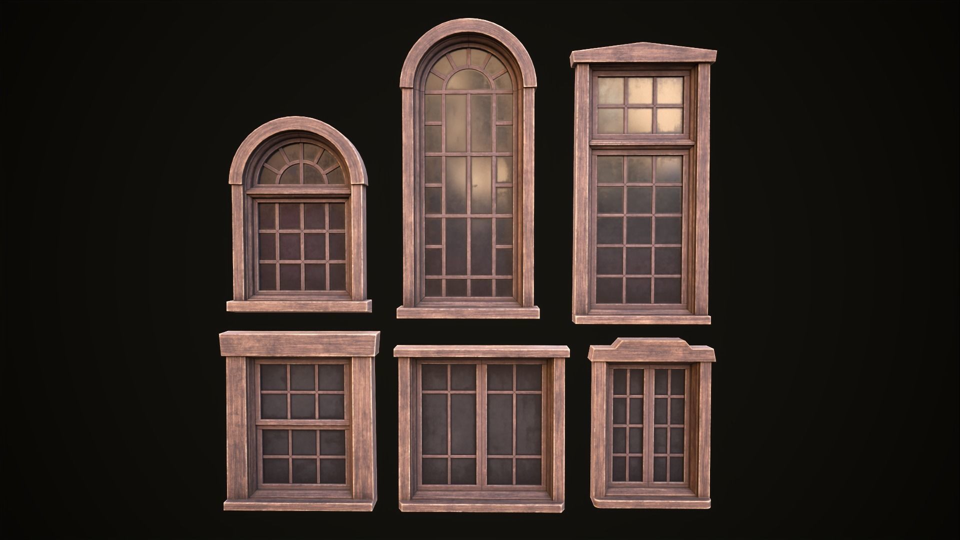 Six wooden windows set Low-poly 3D model_7
