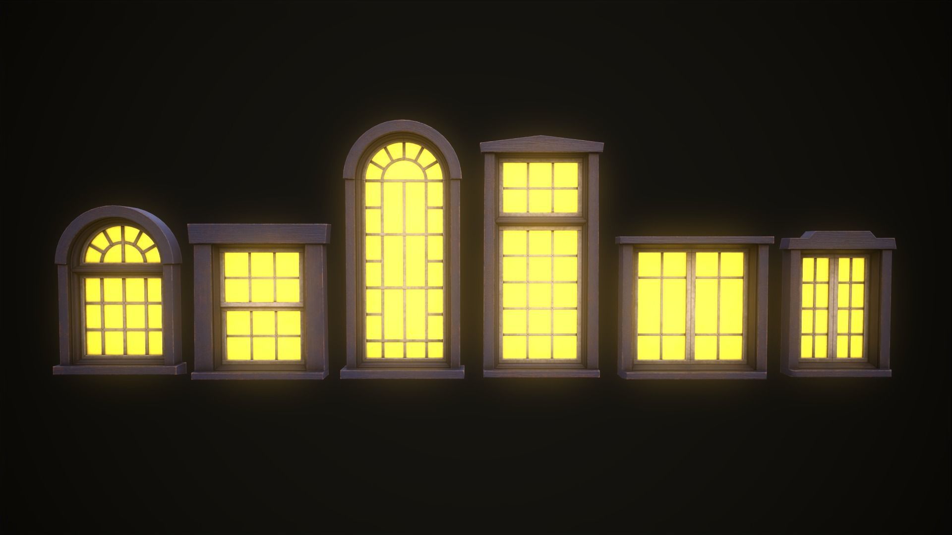 Six wooden windows set Low-poly 3D model_6