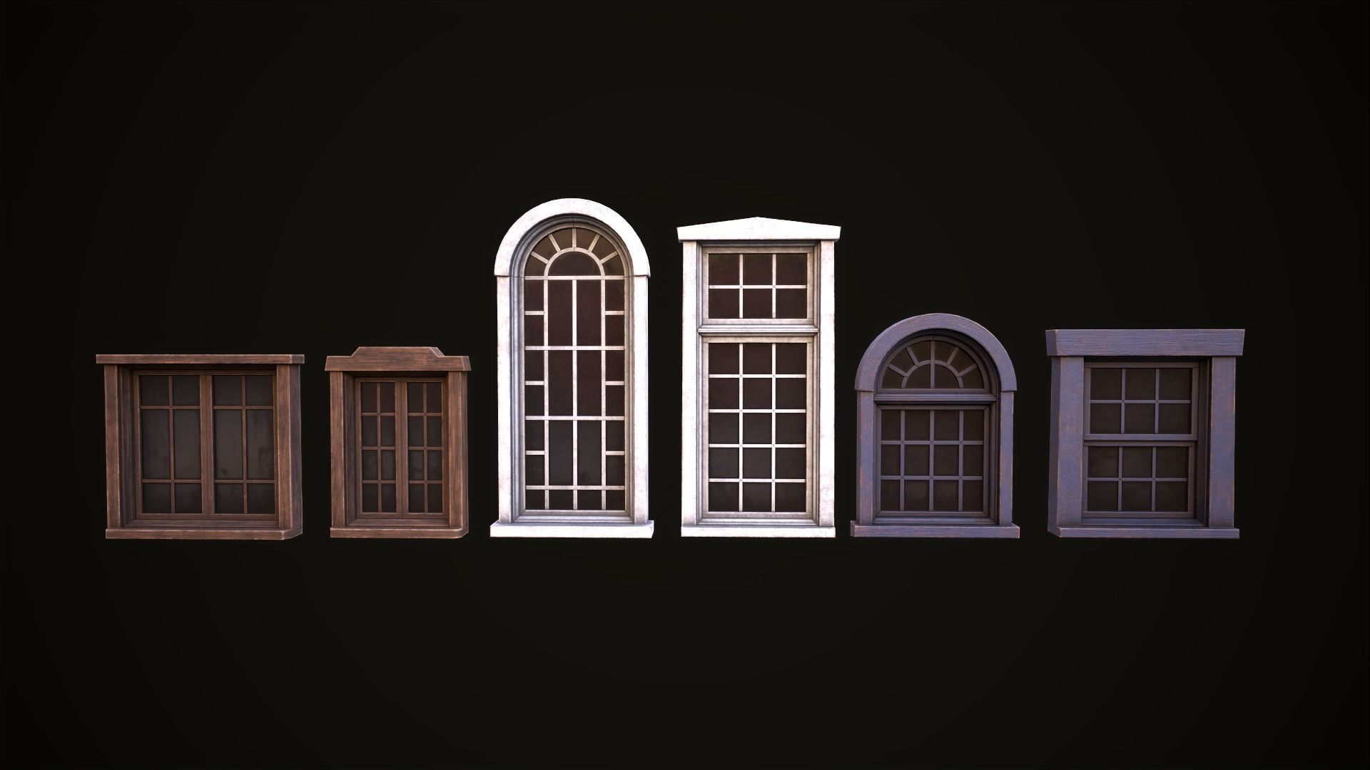 Six wooden windows set Low-poly 3D model_19