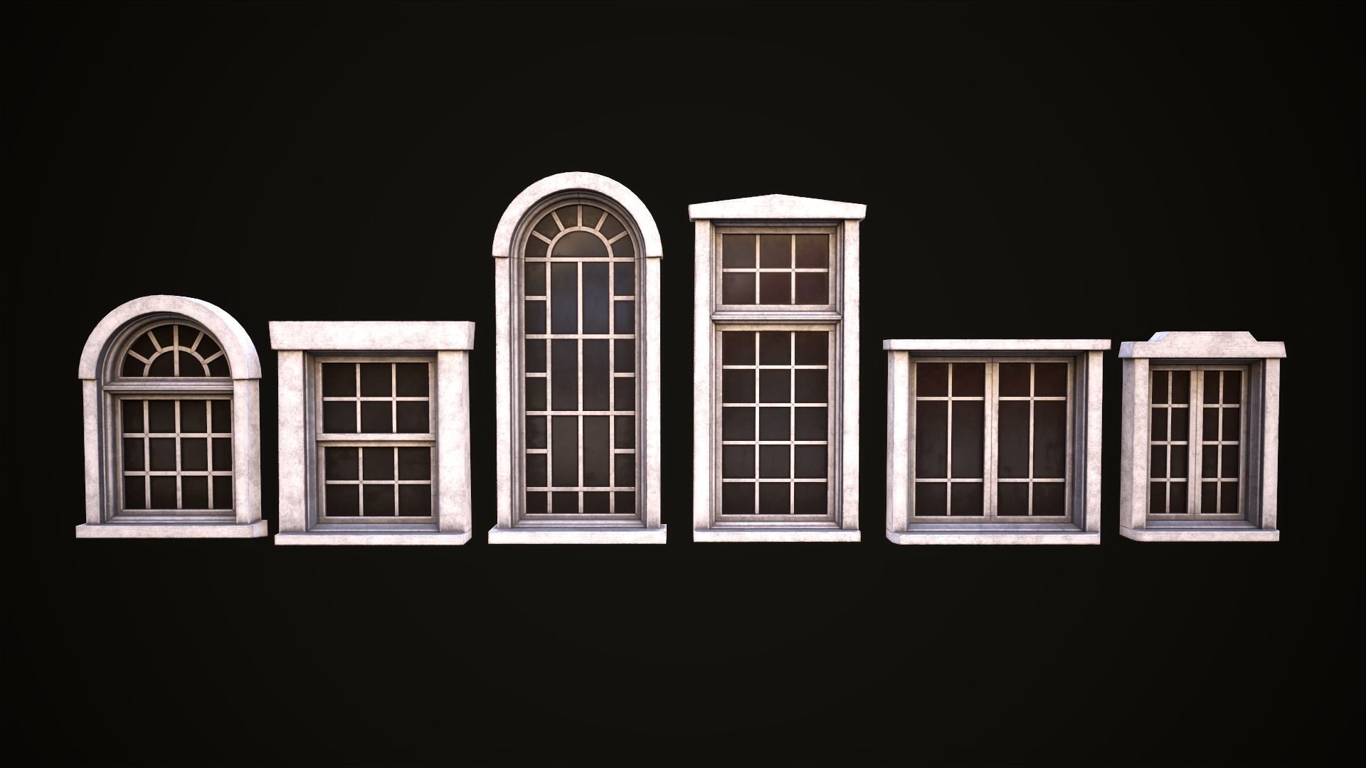 Six wooden windows set Low-poly 3D model_3