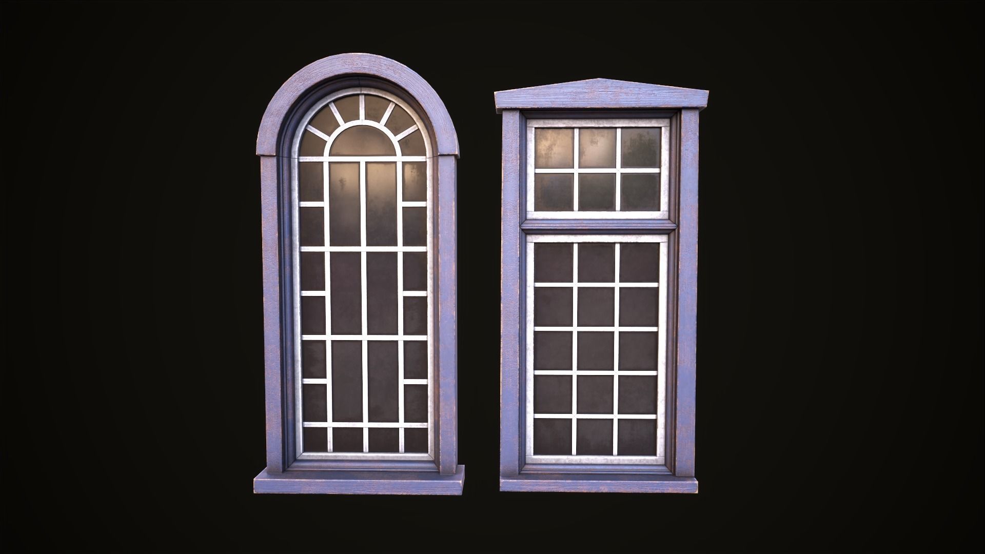 Six wooden windows set Low-poly 3D model_10