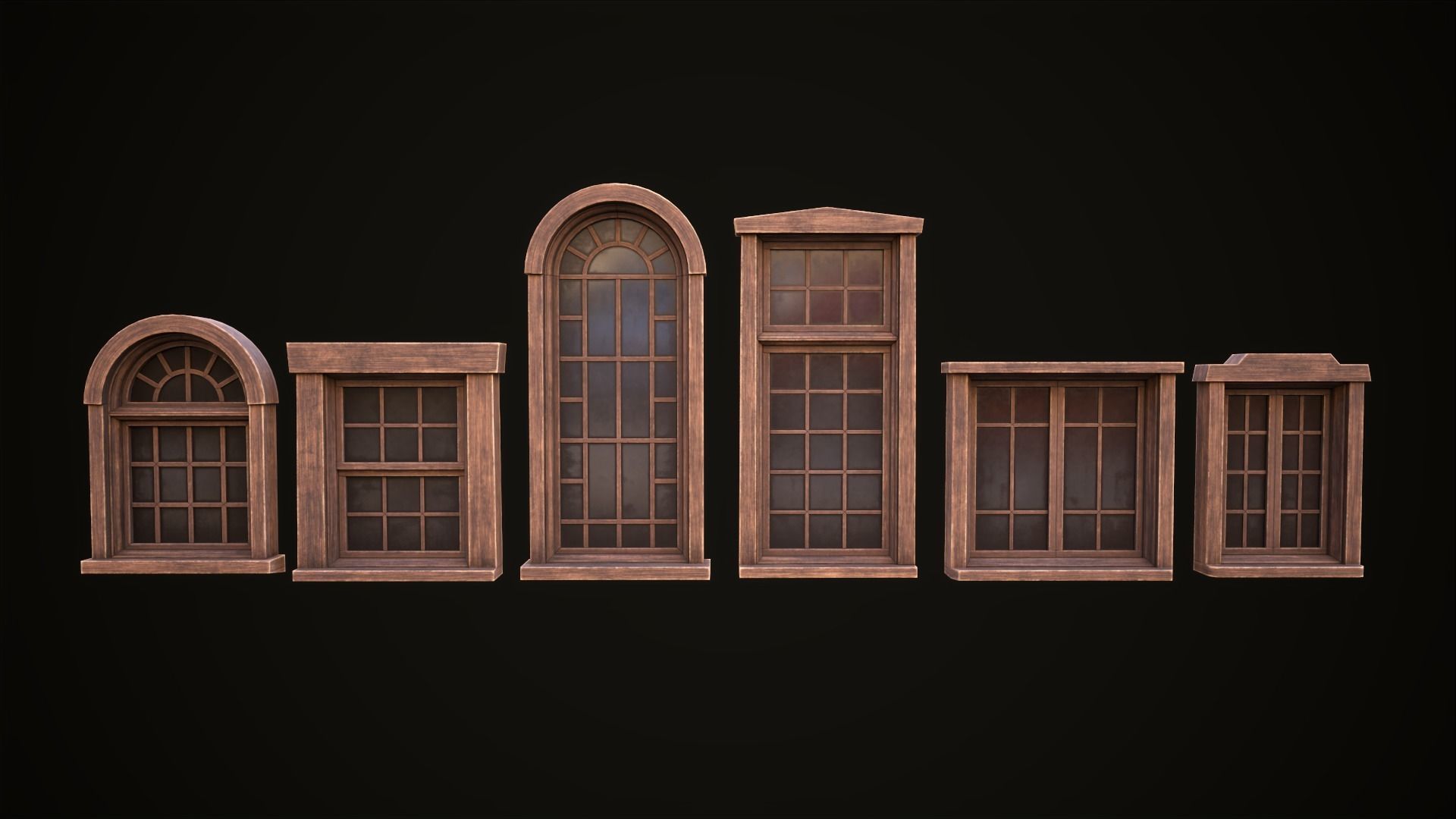 Six wooden windows set Low-poly 3D model_2