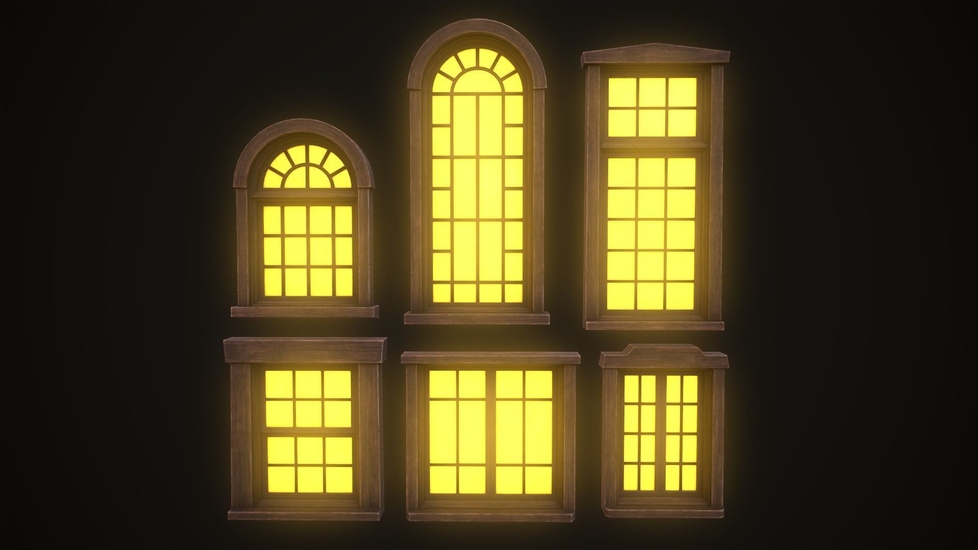 Six wooden windows set Low-poly 3D model_8