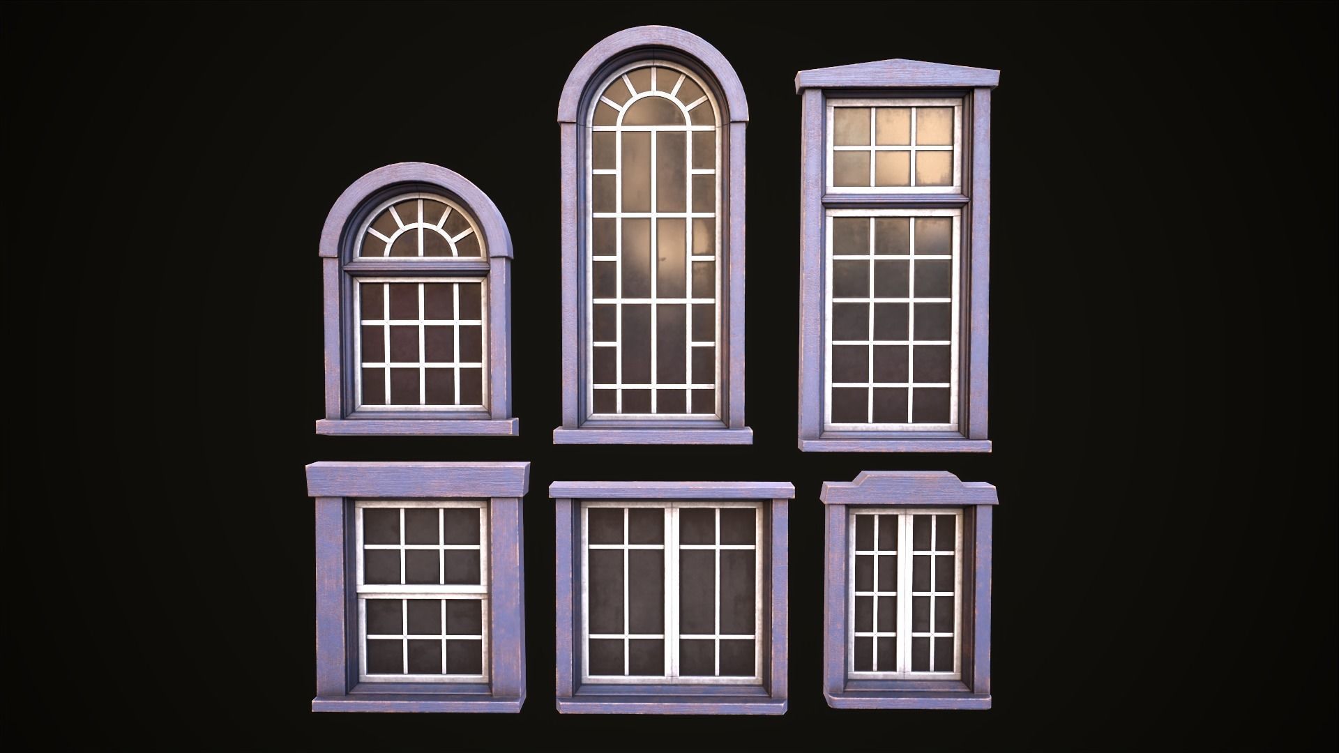 Six wooden windows set Low-poly 3D model_5