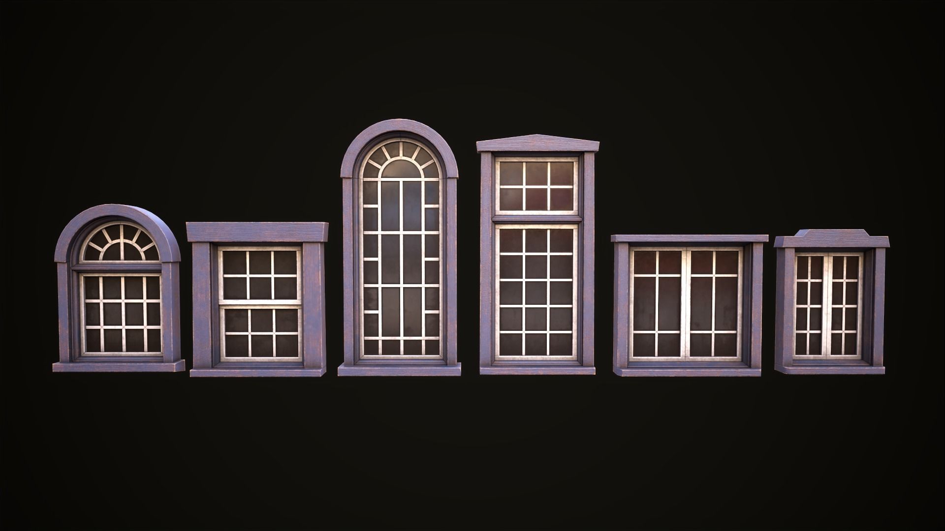 Six wooden windows set Low-poly 3D model_4