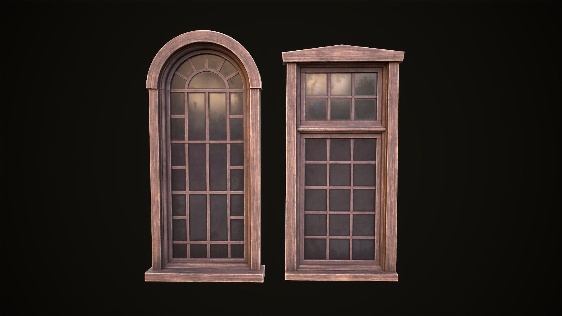 Six wooden windows set Low-poly 3D model_15