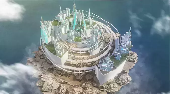 Sci-Fi Futuristic Future Fantasy City Island Cityscape Castle  Low-poly 3D model