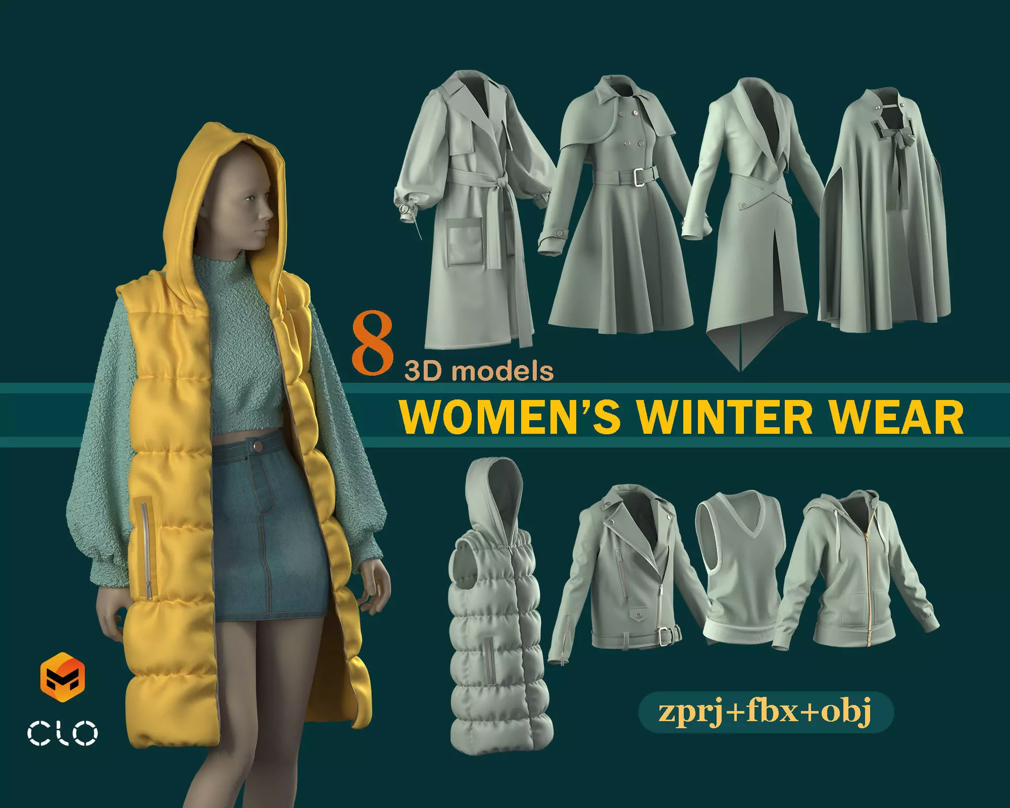 female winter outerwear pack CLO3D MD PROJECT FBX OBJ 3D model