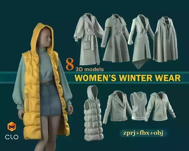 female winter outerwear pack   CLO3D MD PROJECT FBX OBJ