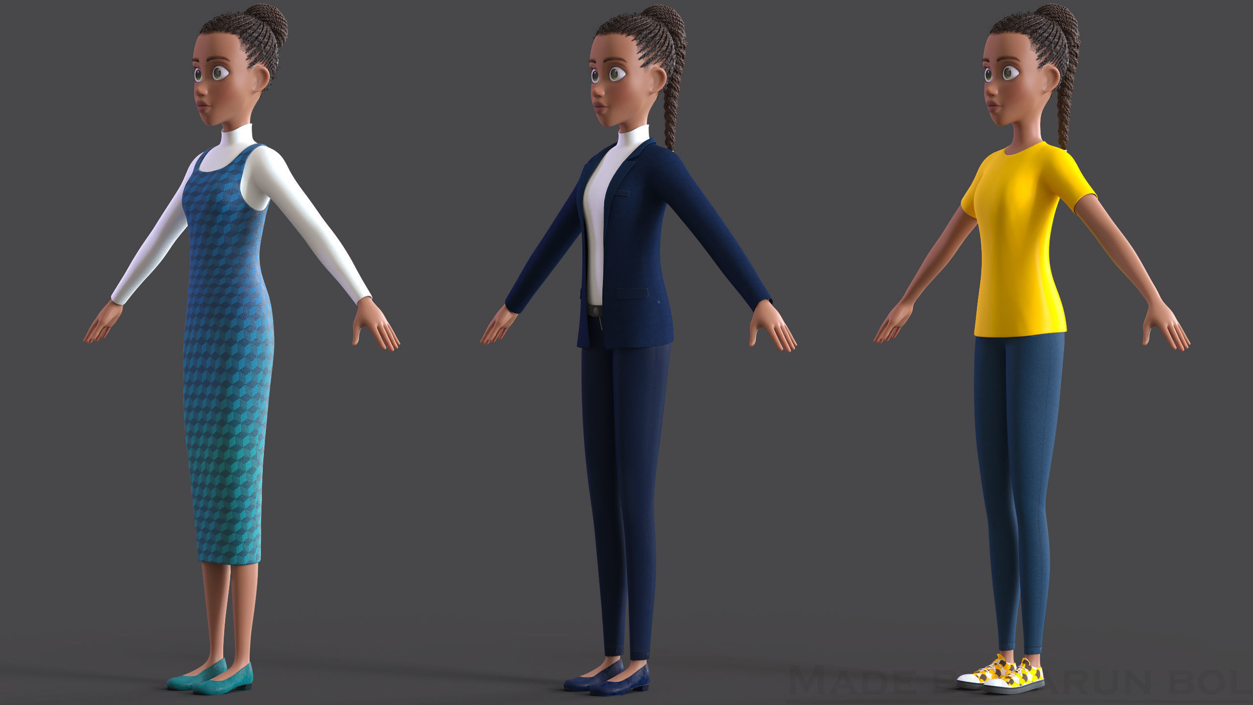 Cartoon Afro Mother - Toon Rigged Woman  3D model_3