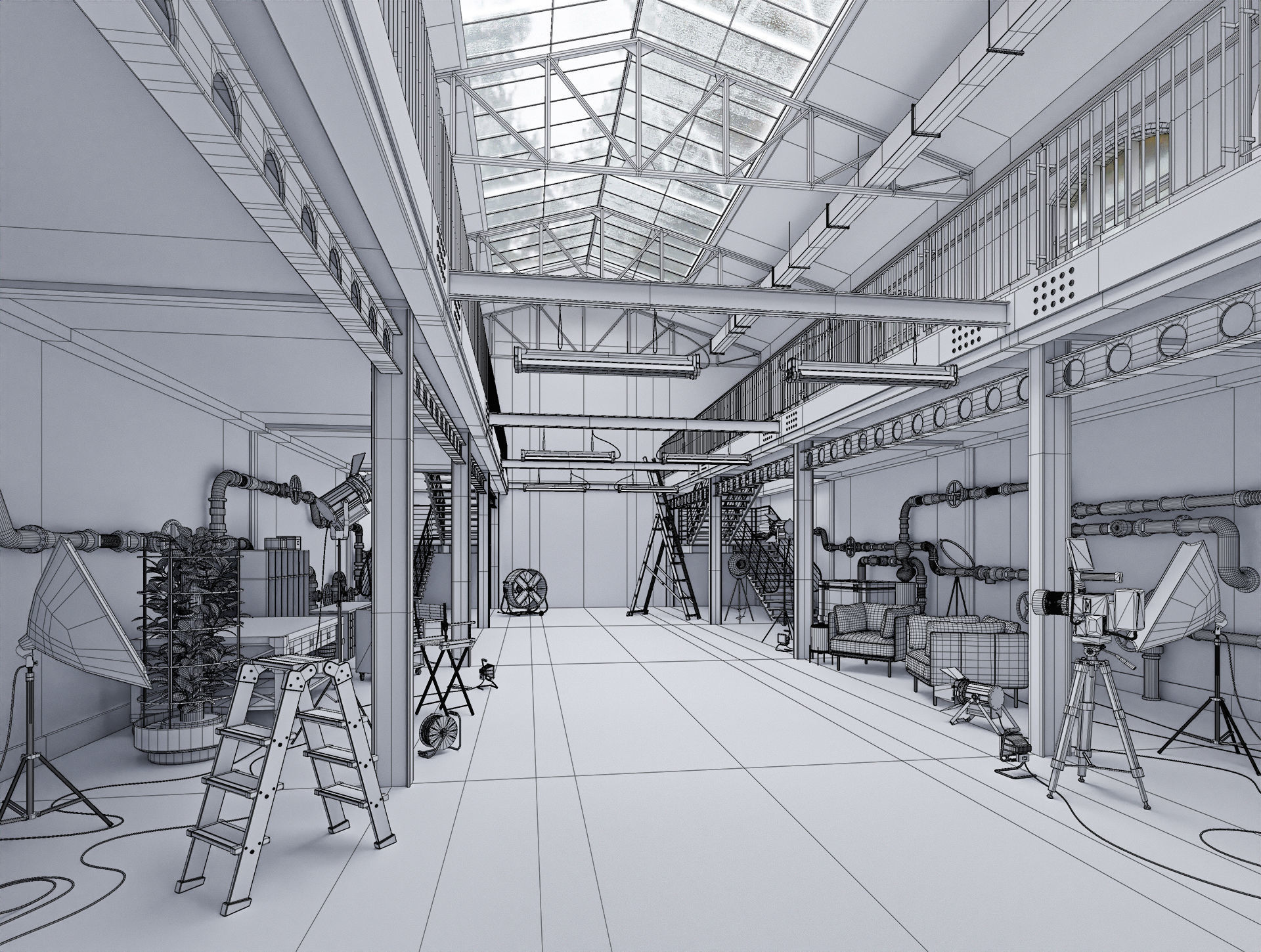 Hangar Building with STUDIO SET Low-poly 3D model_5