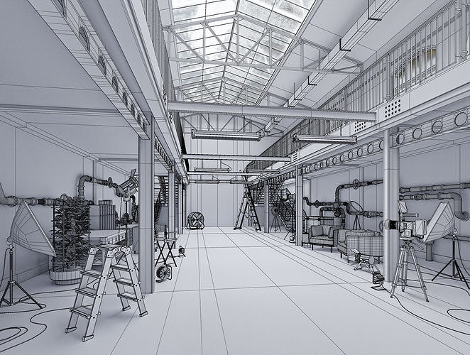 Hangar Building with STUDIO SET Low-poly 3D model 5