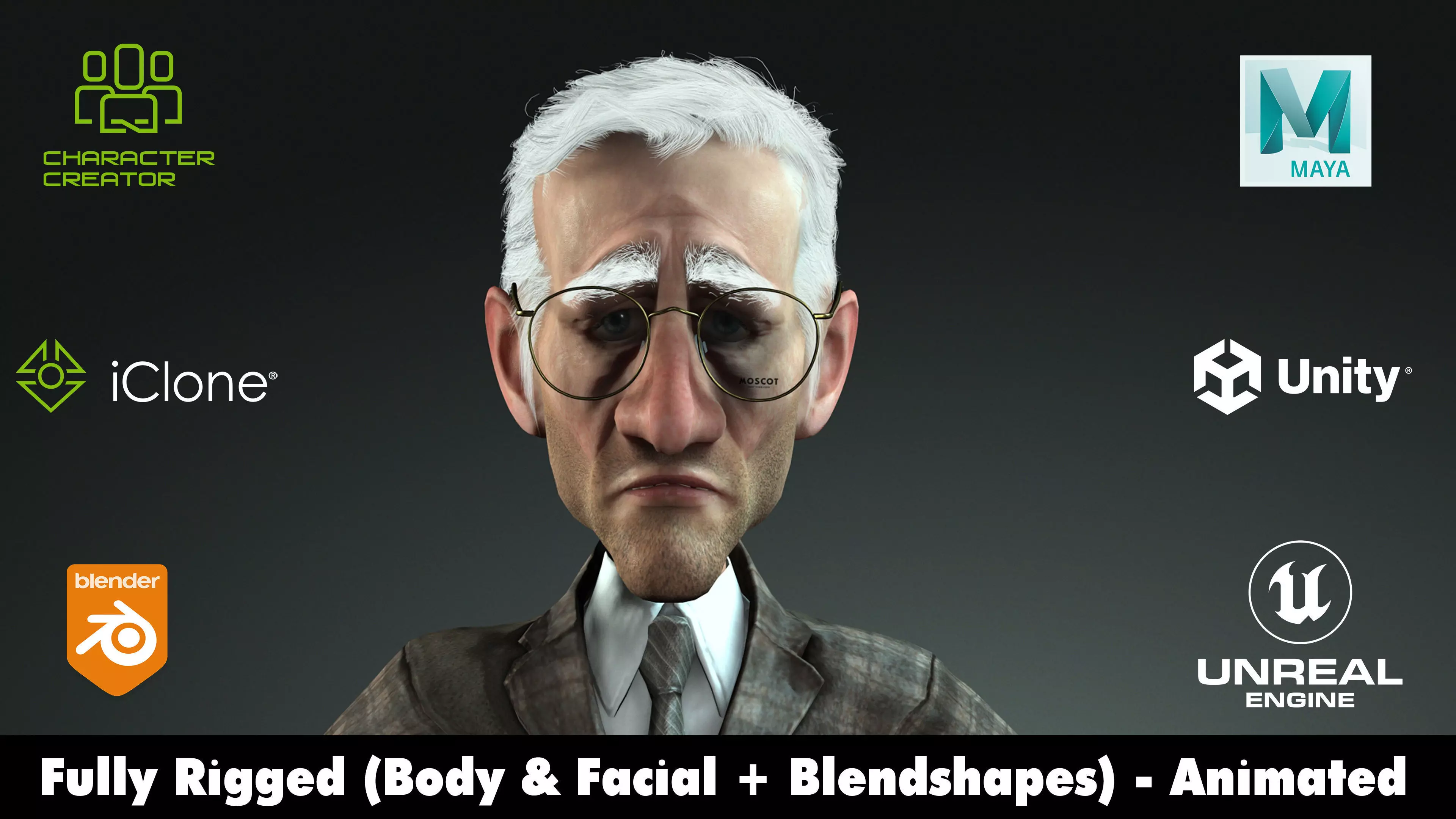 Old Business Man Rigged Animated 2500 Free animations tutorial Low-poly 3D model_0