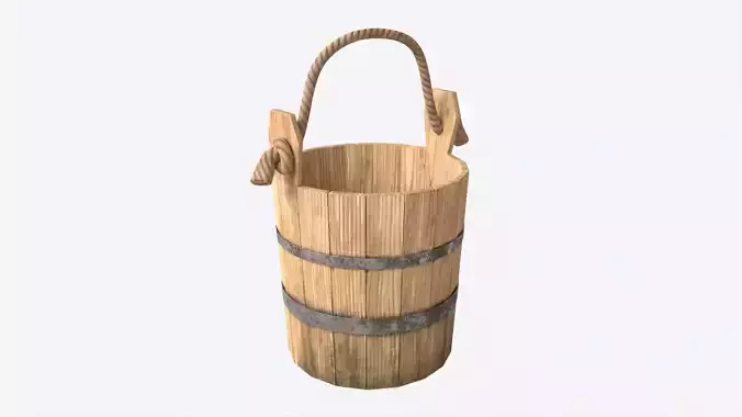 Old Wooden Bucket with Rope Handle 3D model