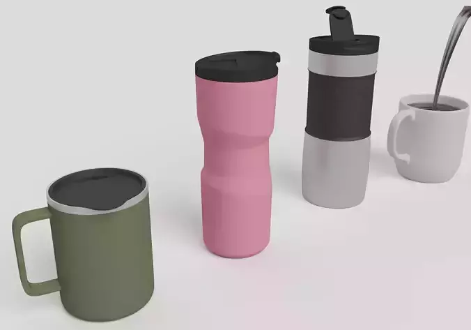 termos and mug designs with pouring out coffee and cup