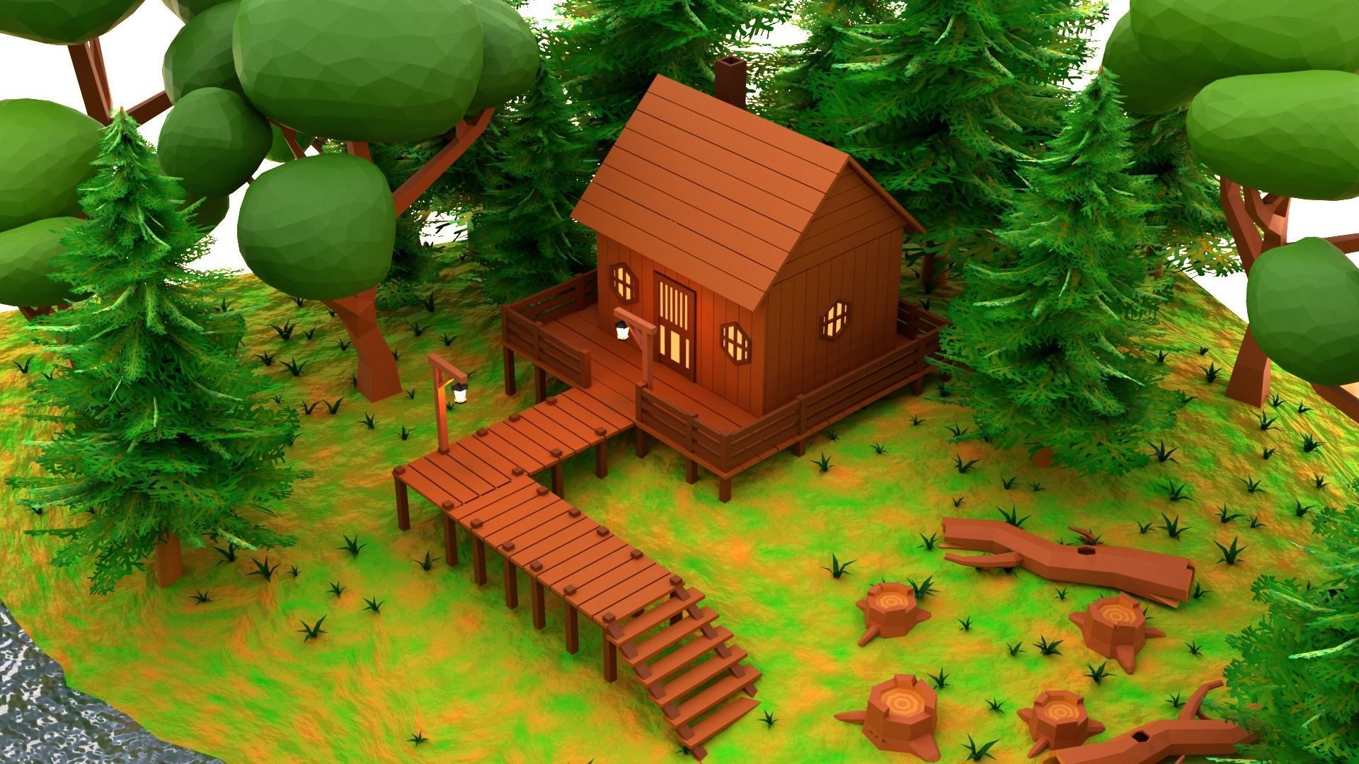 Lowpoly Forest Cabin Low-poly 3D model_7