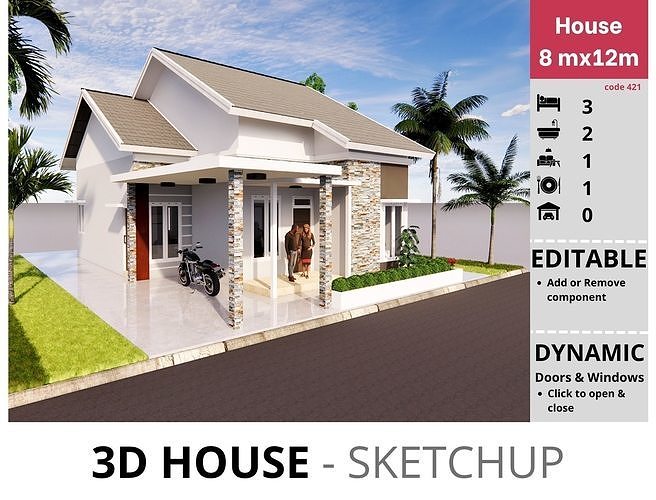 House 8x12m code 421 - Sketchup 3D model