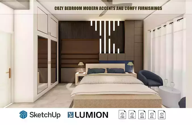Cozy Modern Bedroom with Stylish Accents and Furnishings 3D model
