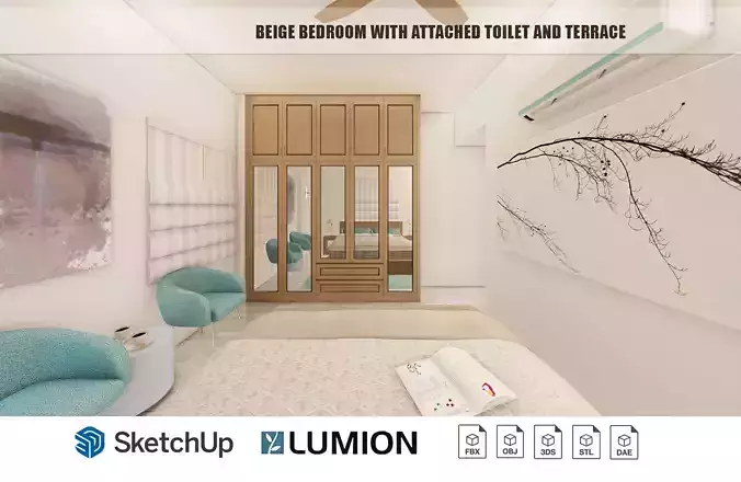 Beige Bedroom with Attached Toilet and Terrace