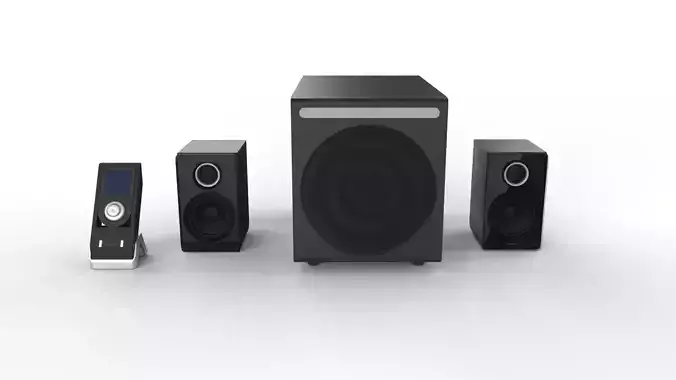 Speaker setup with subwoofer and control unit 3D model