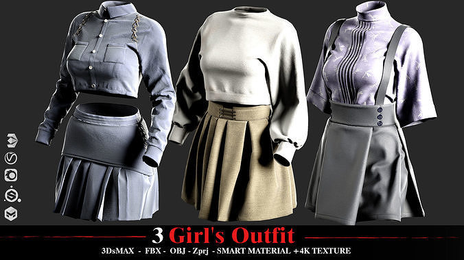3 Girls Outfits 3D model