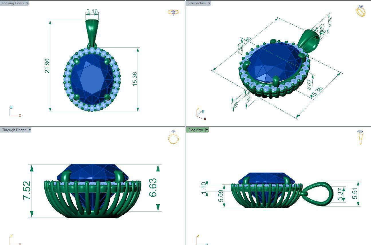 cluster halo setting oval pendant with center stone 12x10  Low-poly 3D model_7