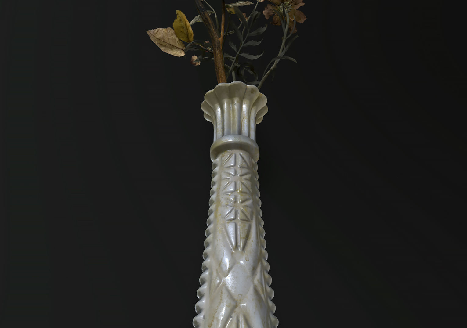 Dead Flowers in Vintage Milk Glass Vase 3D model_3