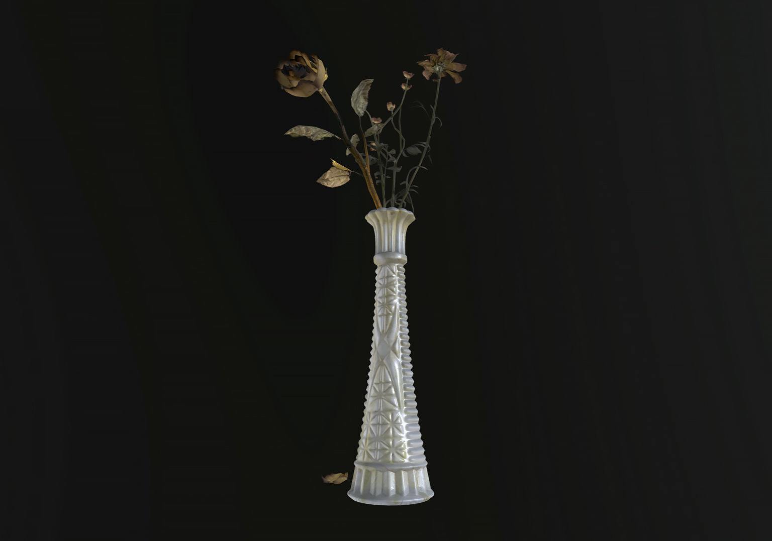 Dead Flowers in Vintage Milk Glass Vase 3D model_1