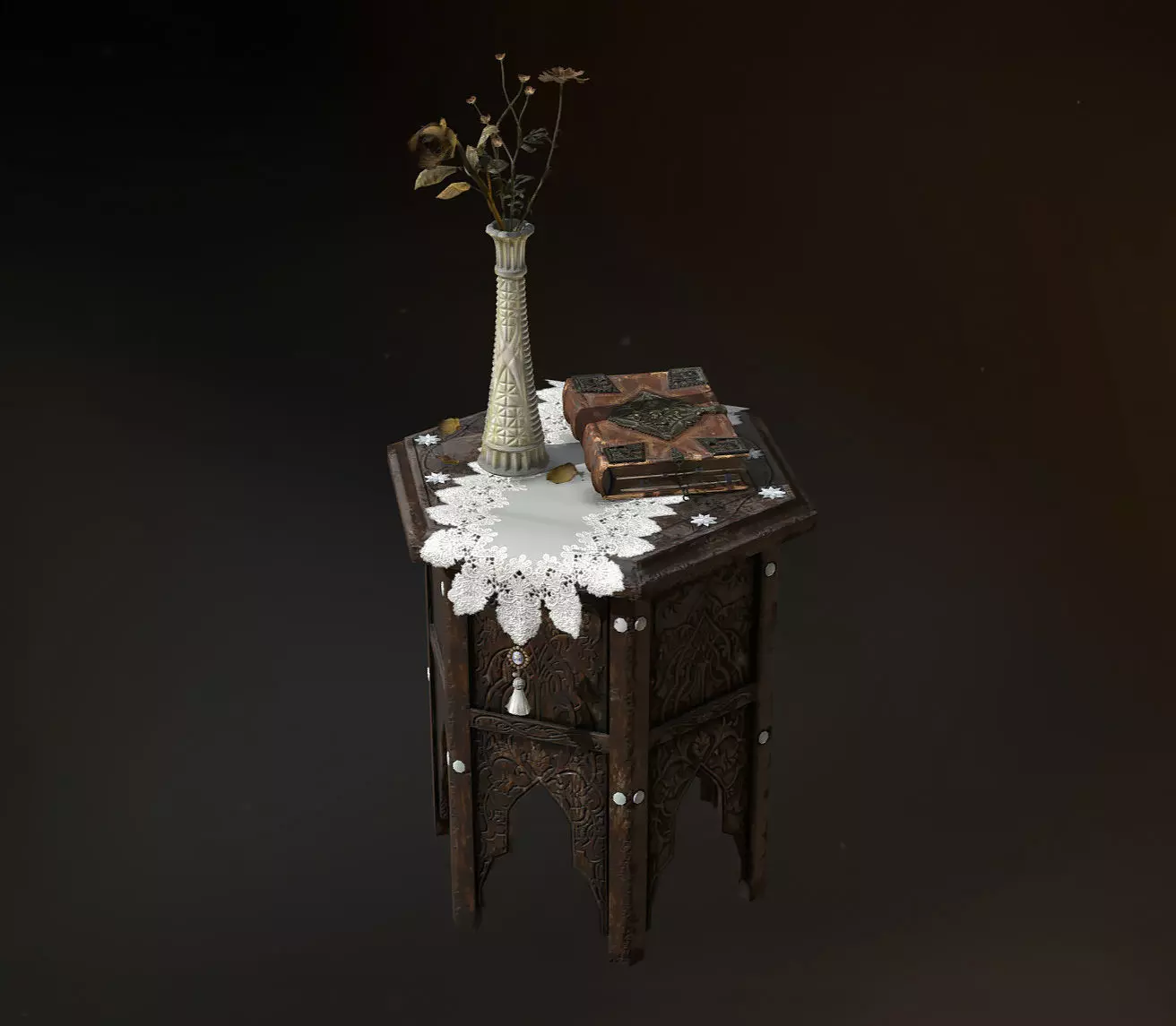 Side Table with Props Leather Book Flower Vase Lace Table Runner Low-poly 3D model