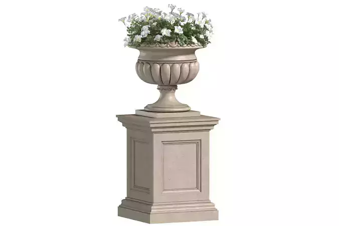 White Flowers in a classic Flowerpot for Decorating the Facade
