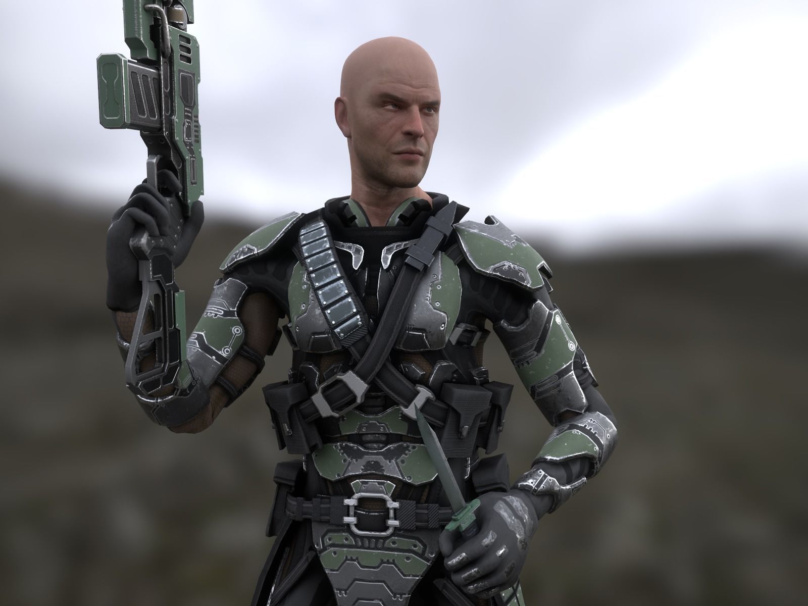 Sci-fi armored human warrior gameready character model Low-poly 3D model_8