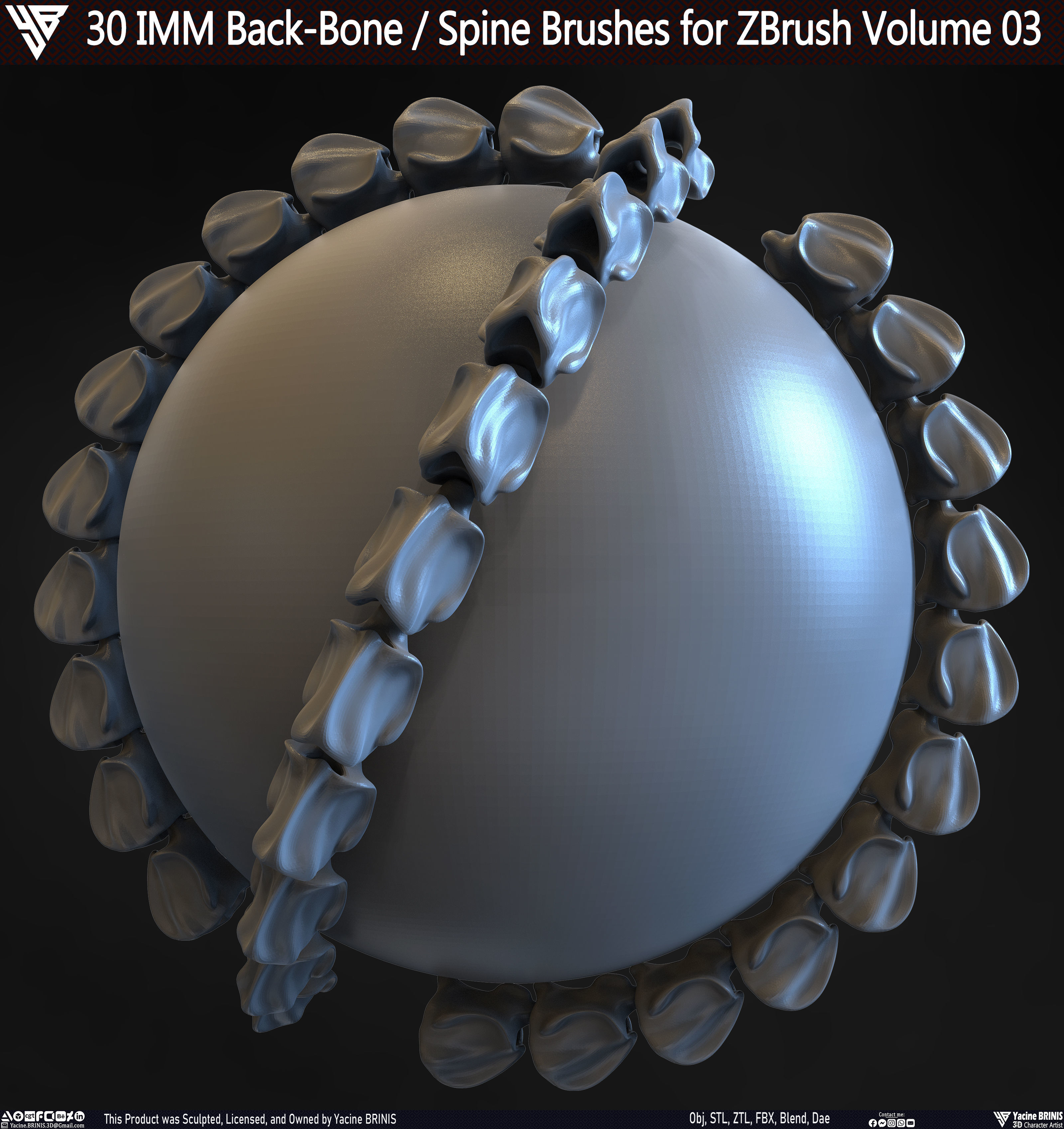 30 IMM Back-Bone - Spine ZBrush Brush Volume 03 Low-poly 3D model_6