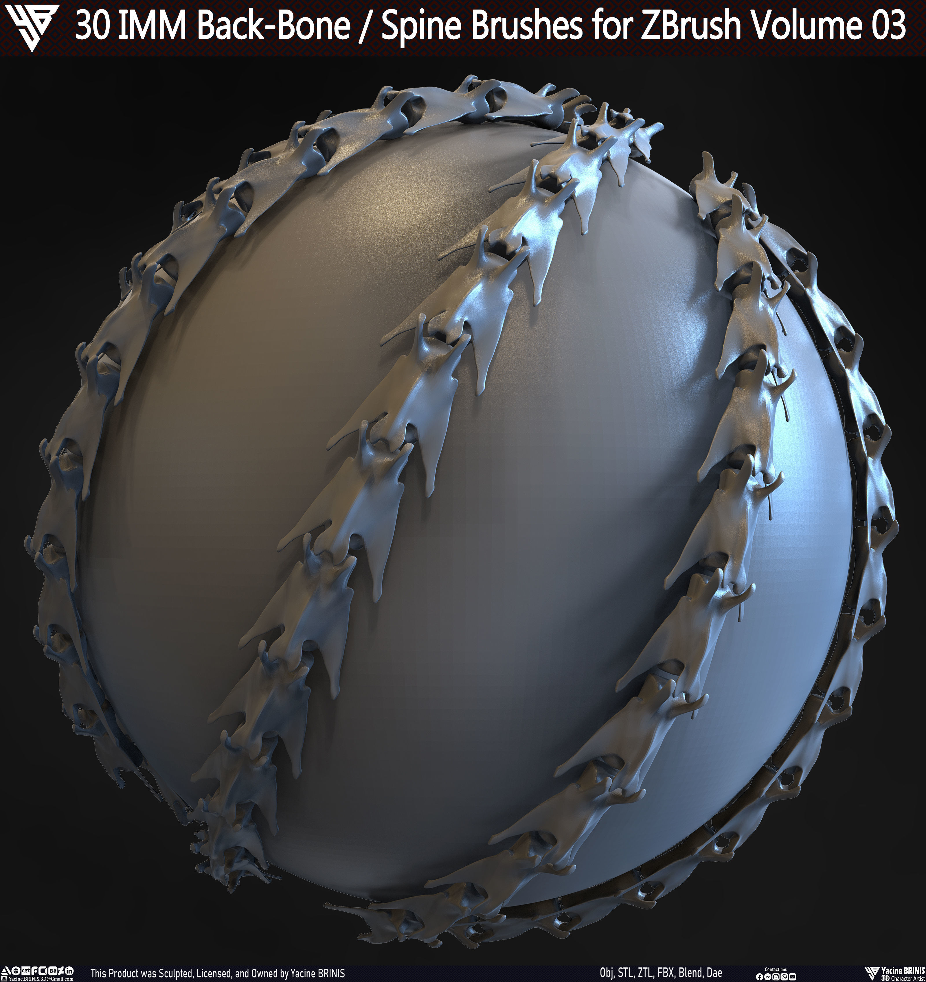 30 IMM Back-Bone - Spine ZBrush Brush Volume 03 Low-poly 3D model_16