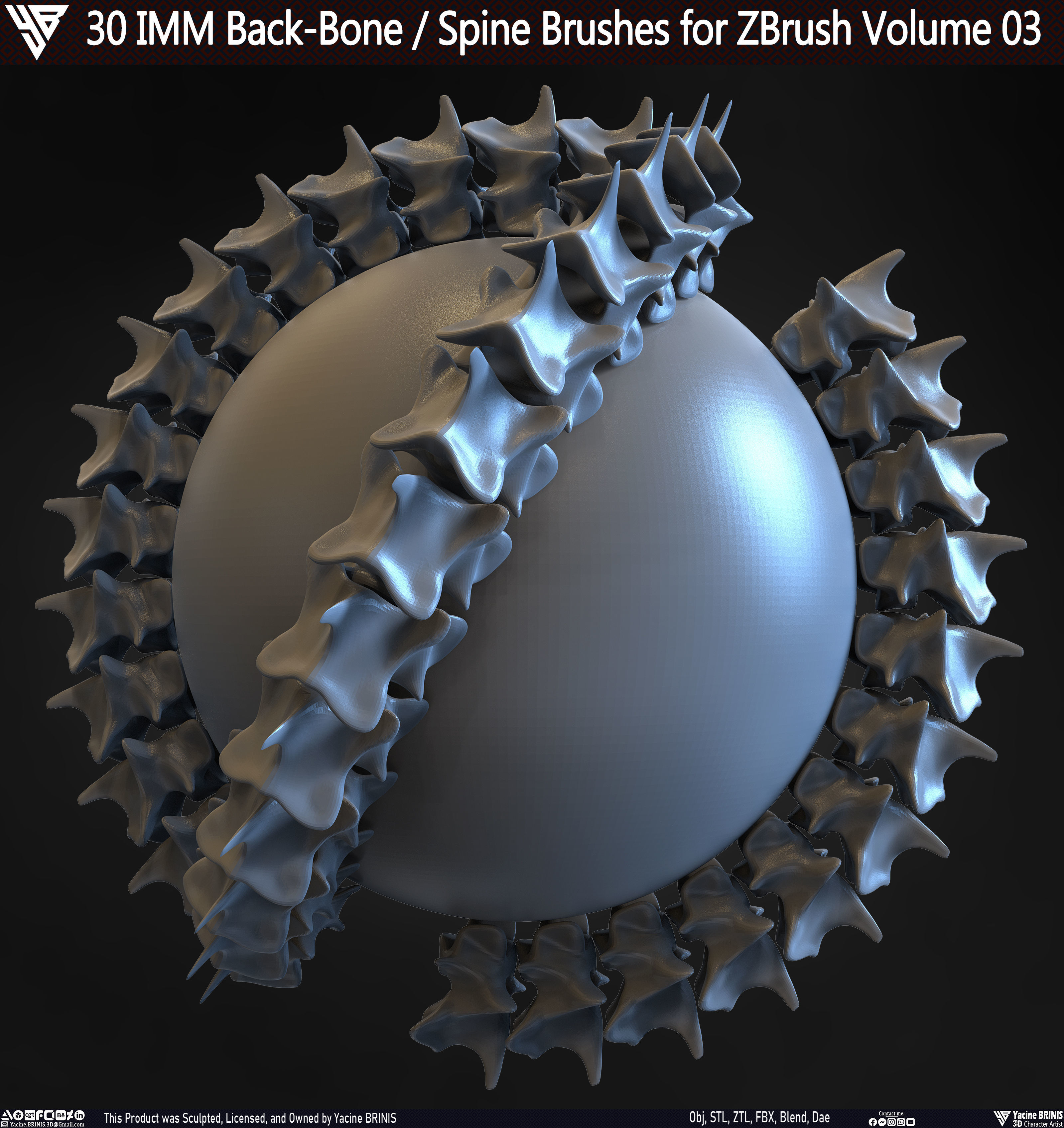 30 IMM Back-Bone - Spine ZBrush Brush Volume 03 Low-poly 3D model_26