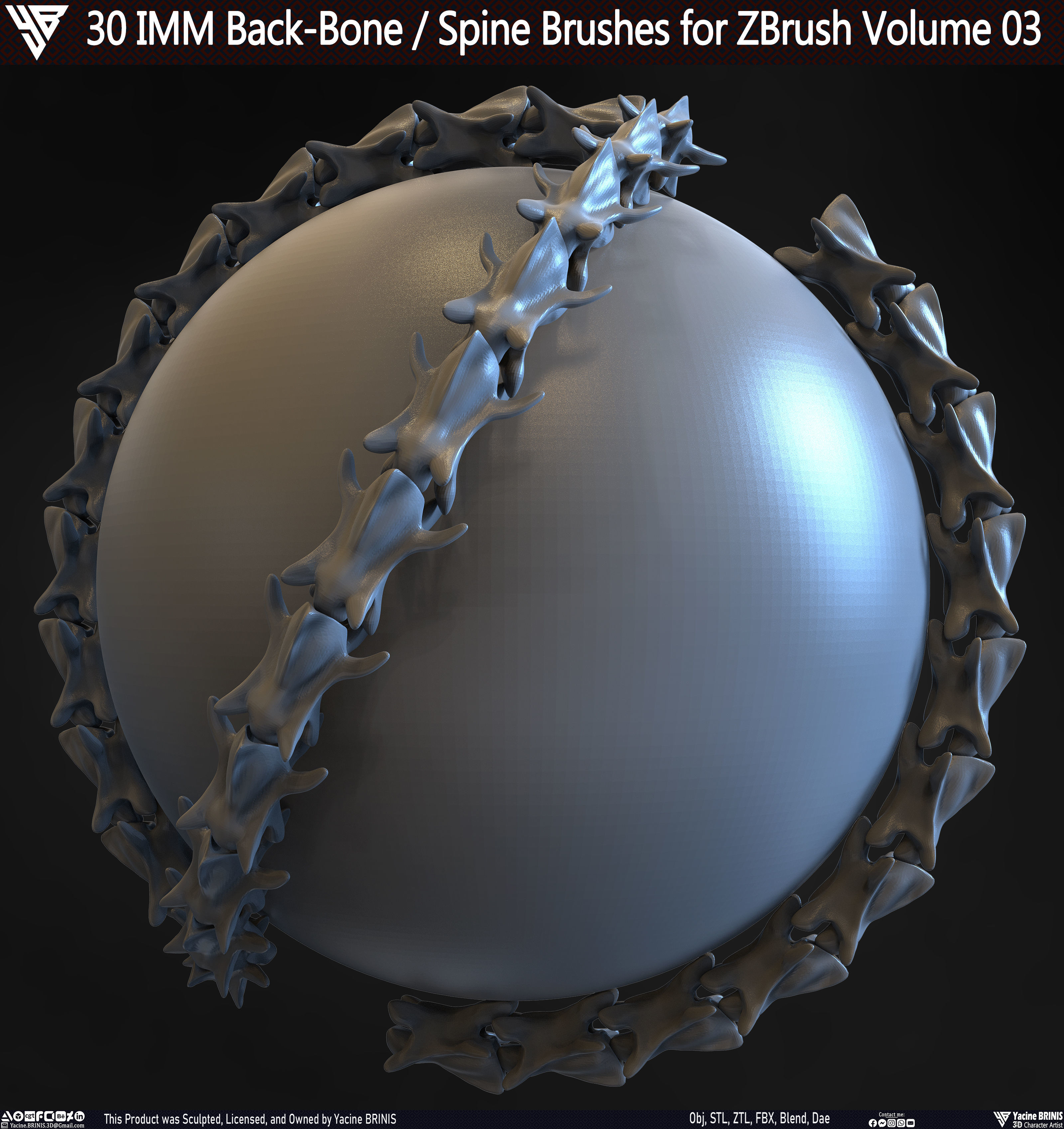 30 IMM Back-Bone - Spine ZBrush Brush Volume 03 Low-poly 3D model_4