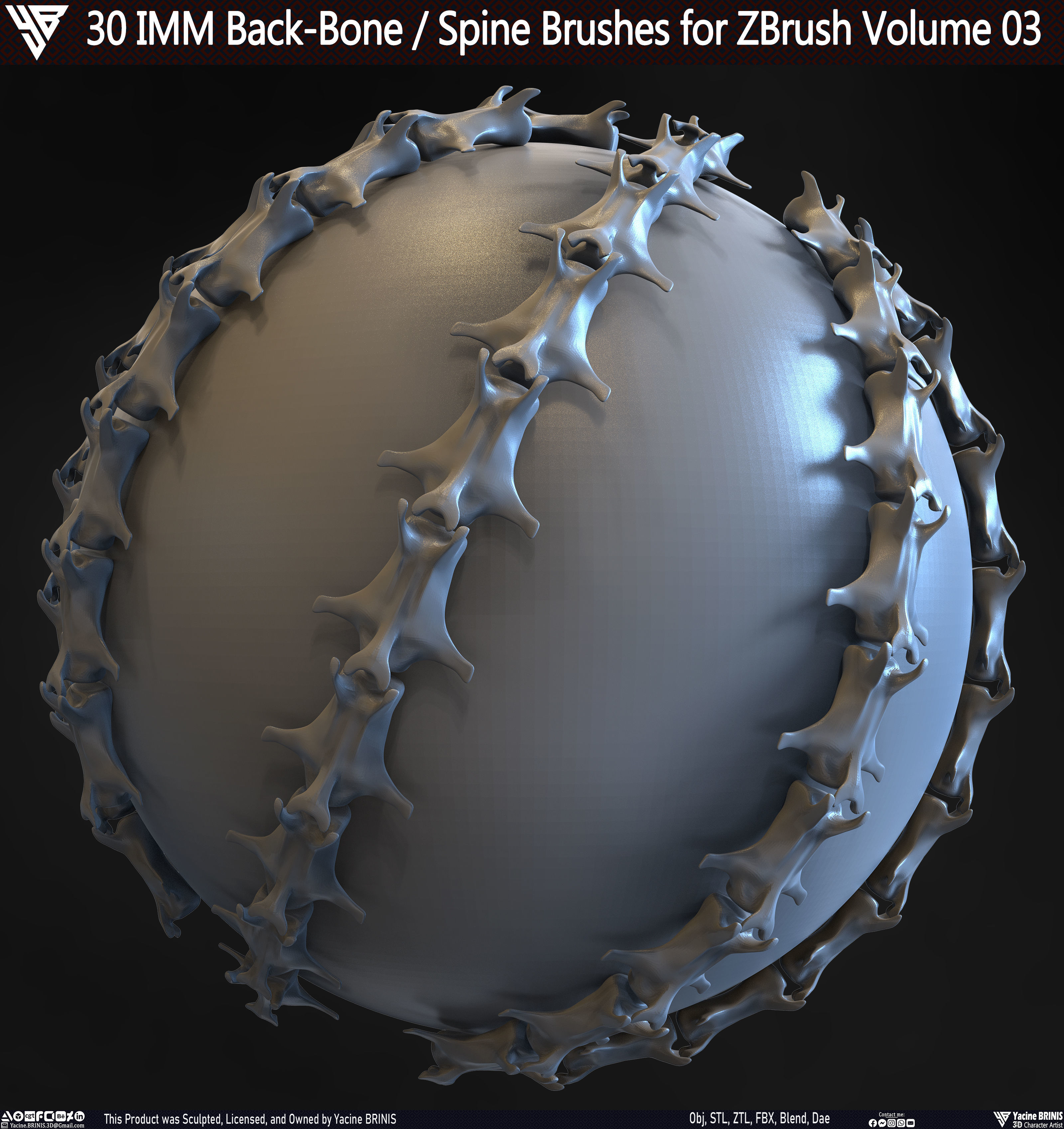 30 IMM Back-Bone - Spine ZBrush Brush Volume 03 Low-poly 3D model_15