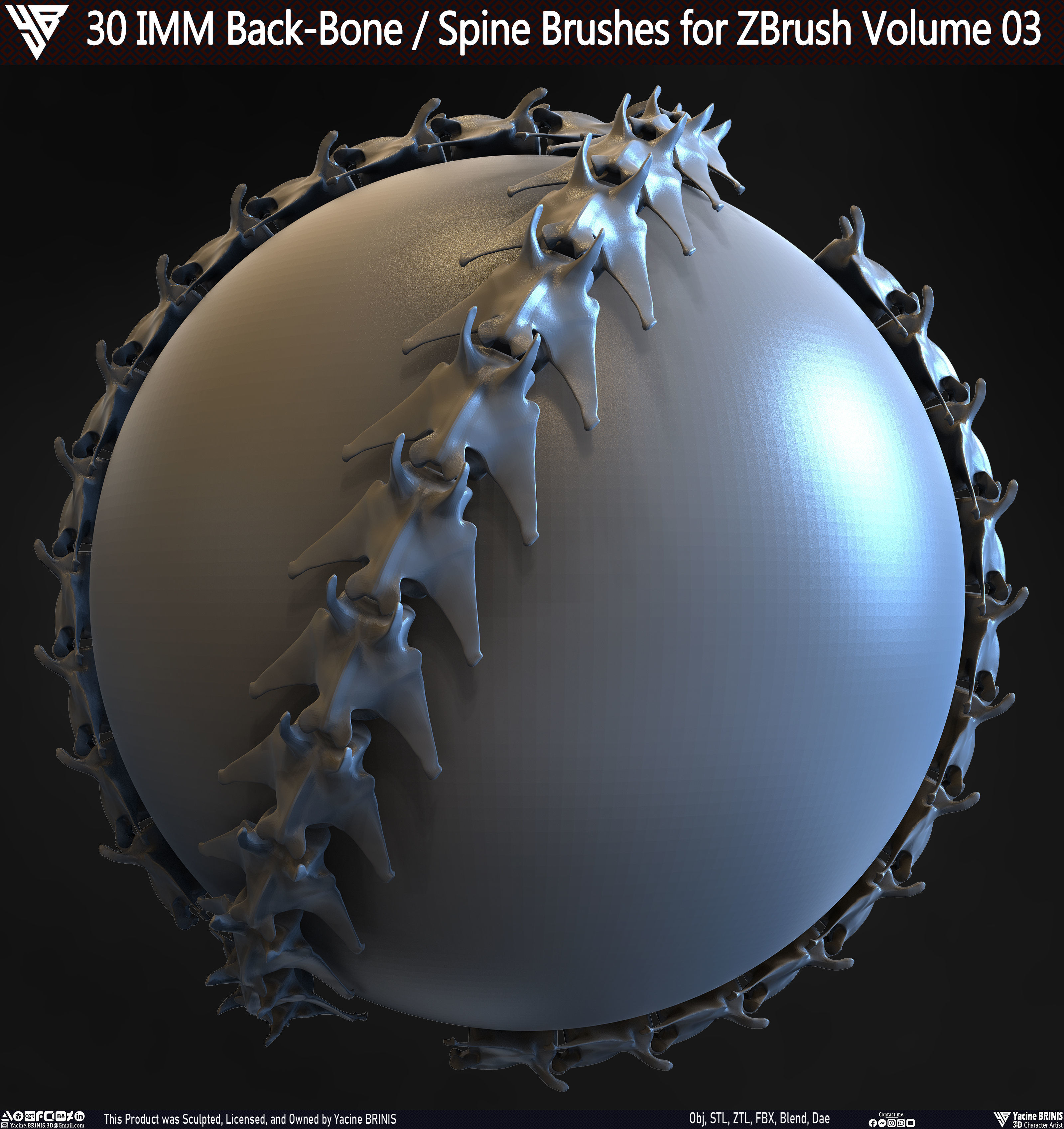 30 IMM Back-Bone - Spine ZBrush Brush Volume 03 Low-poly 3D model_17