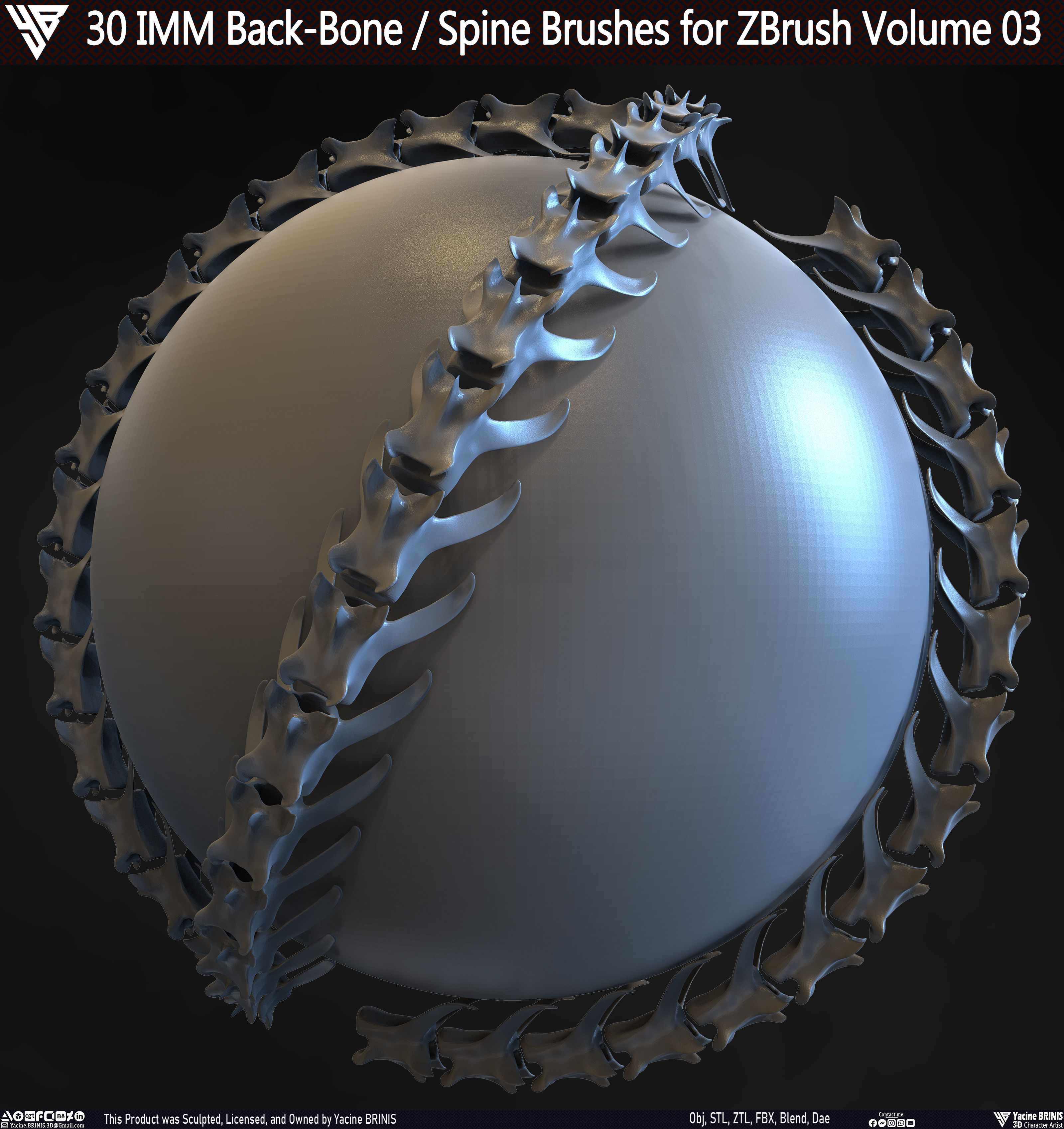 30 IMM Back-Bone - Spine ZBrush Brush Volume 03 Low-poly 3D model_18