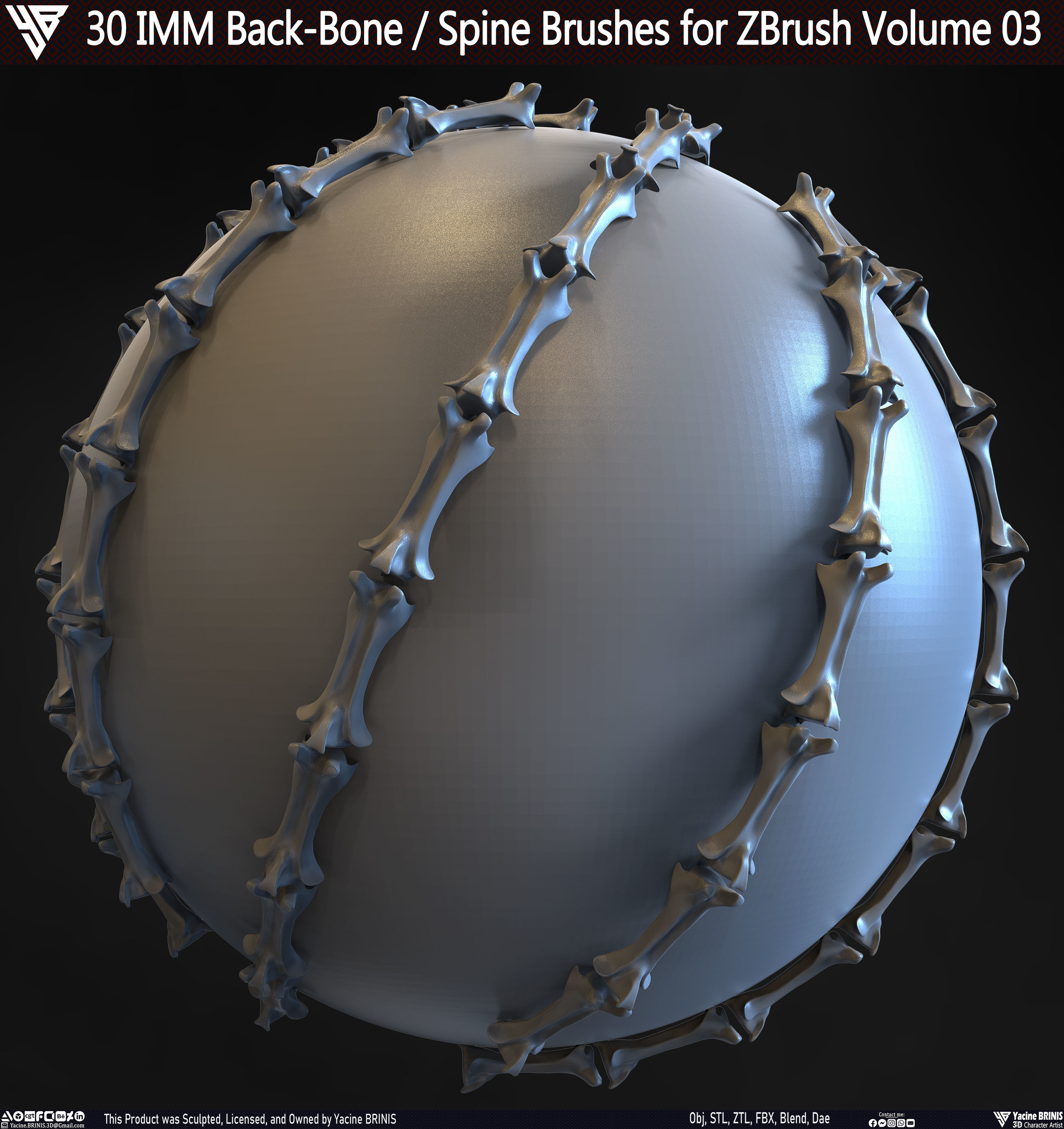 30 IMM Back-Bone - Spine ZBrush Brush Volume 03 Low-poly 3D model_14