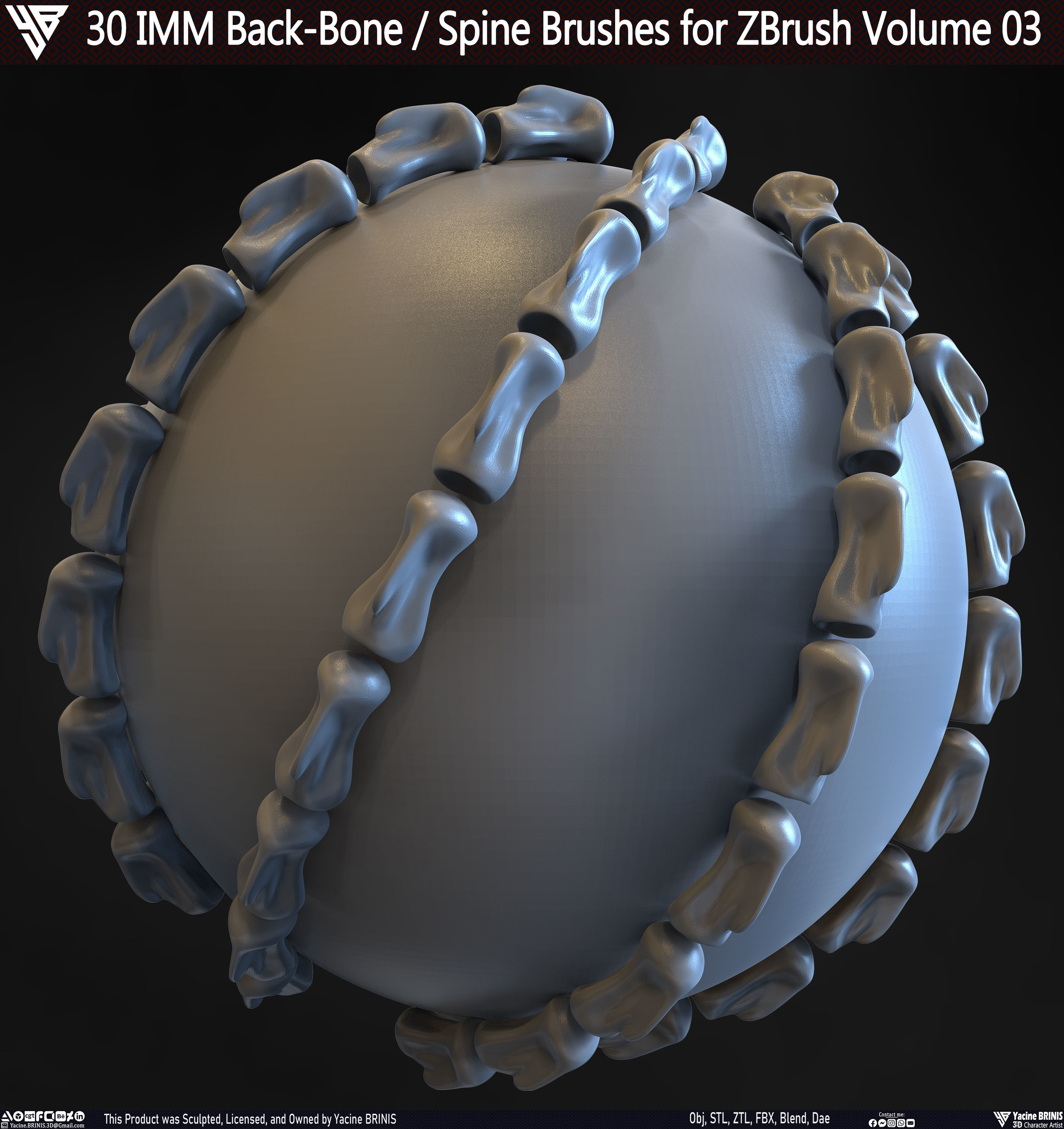 30 IMM Back-Bone - Spine ZBrush Brush Volume 03 Low-poly 3D model_12