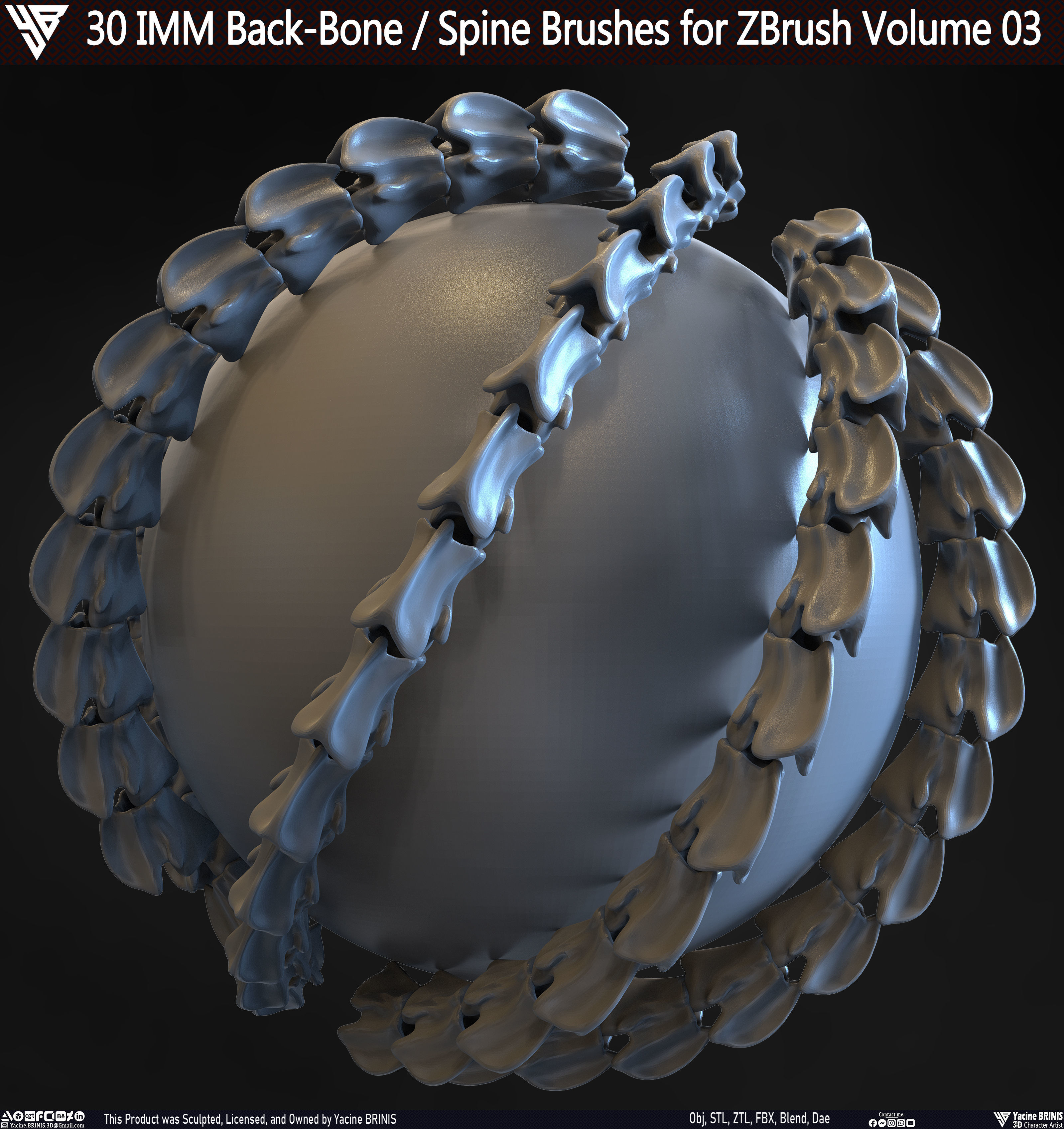30 IMM Back-Bone - Spine ZBrush Brush Volume 03 Low-poly 3D model_5