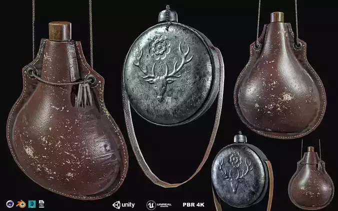 Leather Bottle And Steel Bottel Low-poly 3D model